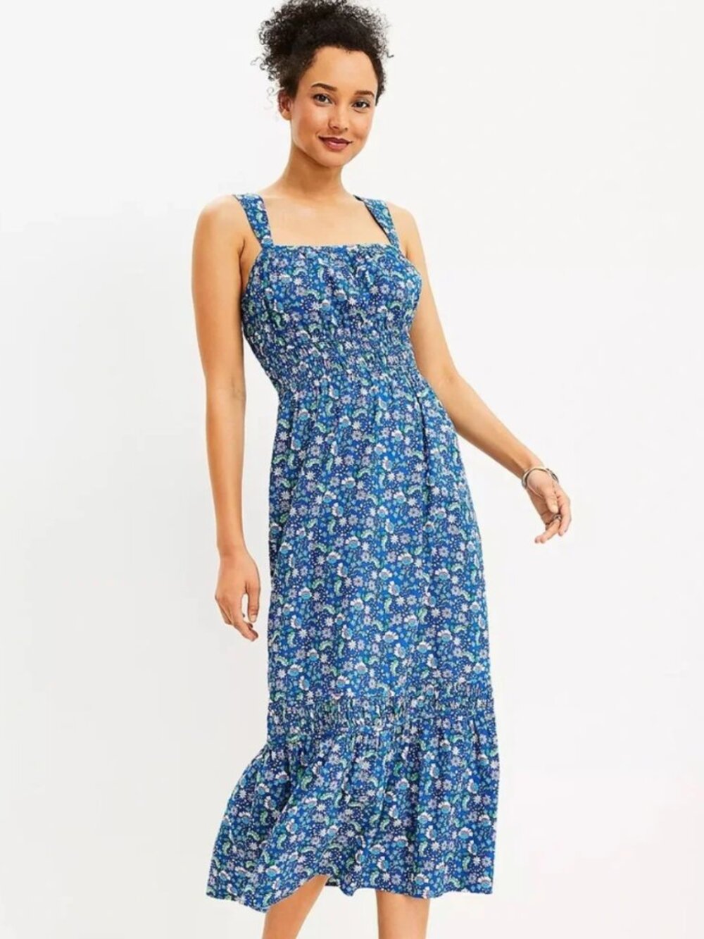 LOFT Floral Smocked Shirred Tiered Midi Dress in Blue Size S